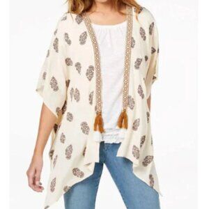 Style & Co Cream Boho Floral Embroidery Open Front Tassel Flowy Kimono Sz Medium